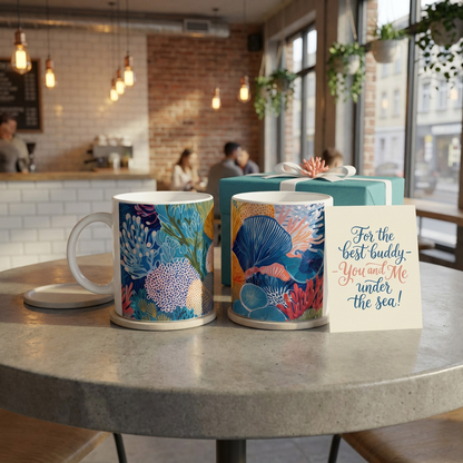 Ocean-Inspired Mugs Buddy Set - Living Coral: Azure Bloom
